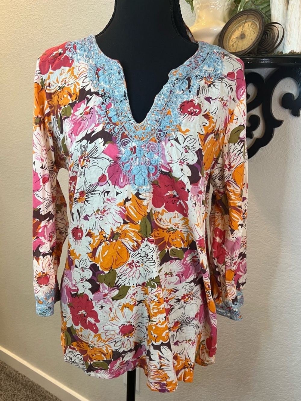 Sundance Orange Pink Blue Daisy Floral Embroidery Tunic Blouse Sz L Boho Coastal
